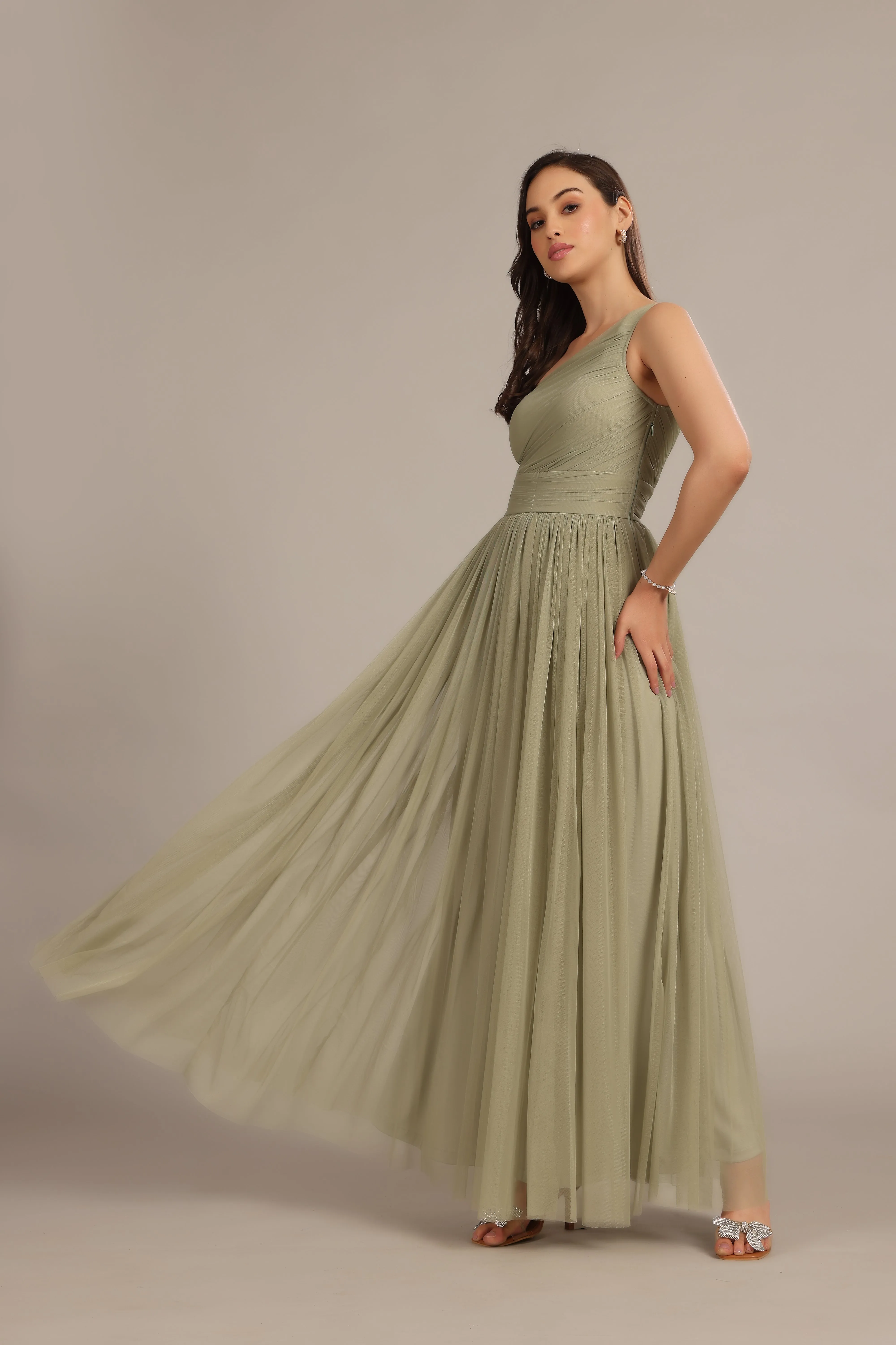 One Shoulder Tulle Maxi Dress in Dusty Sage sold by Lace & Beads product image thumbnail 4