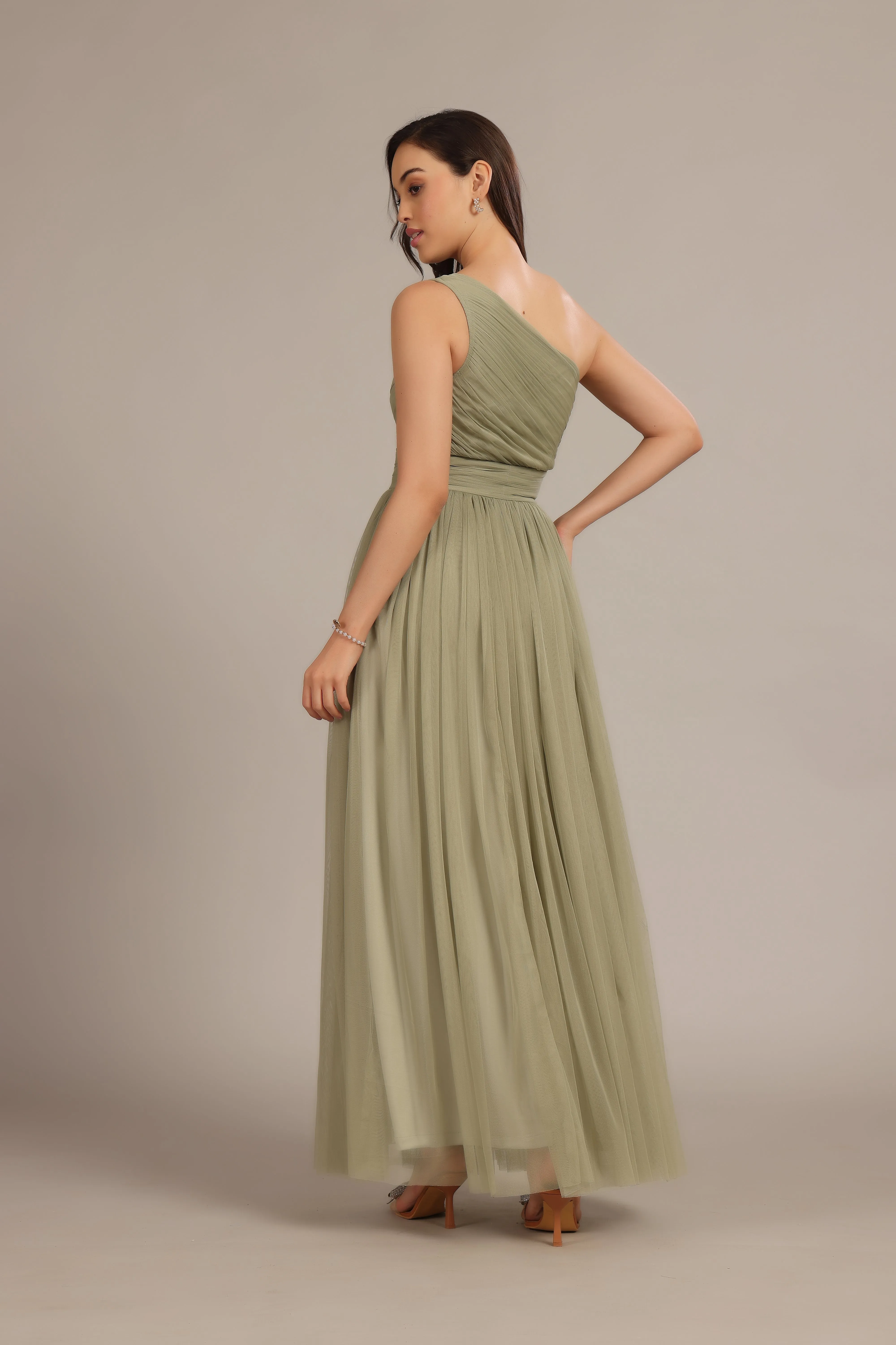 One Shoulder Tulle Maxi Dress in Dusty Sage sold by Lace & Beads product image thumbnail 5