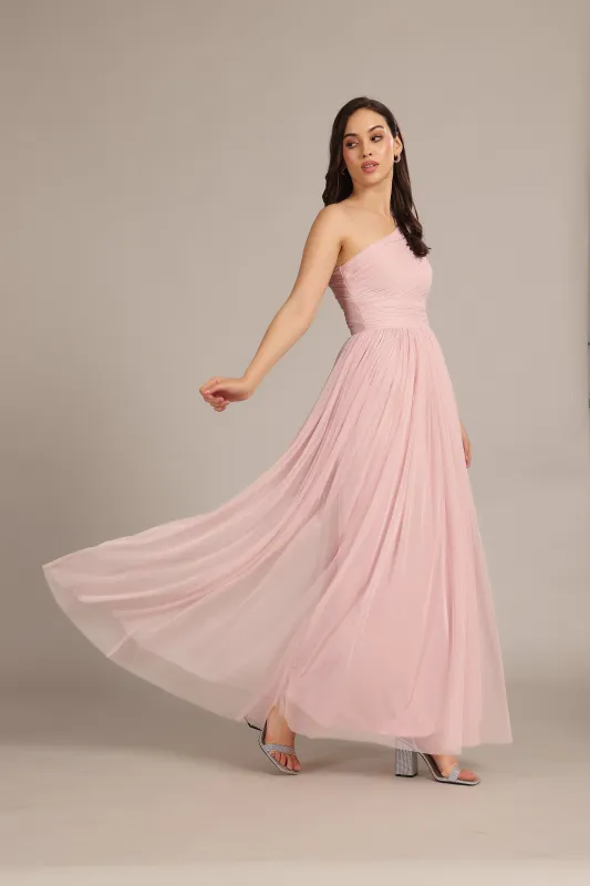 One Shoulder Maxi Dress in Powder Pink sold by Lace & Beads