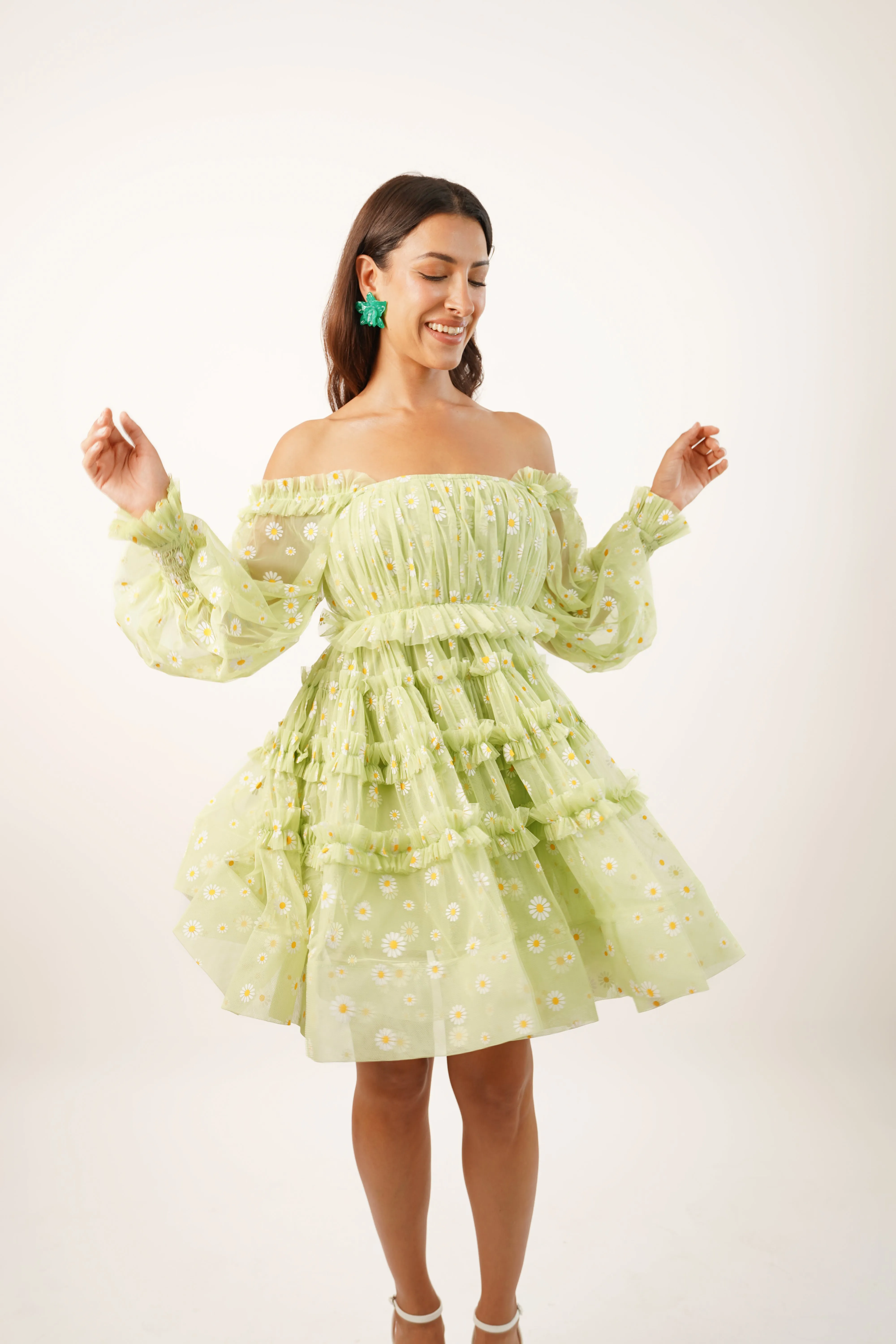 Jessica Tulle Daisy Printed Mini Dress in Green sold by Lace & Beads product image thumbnail 2