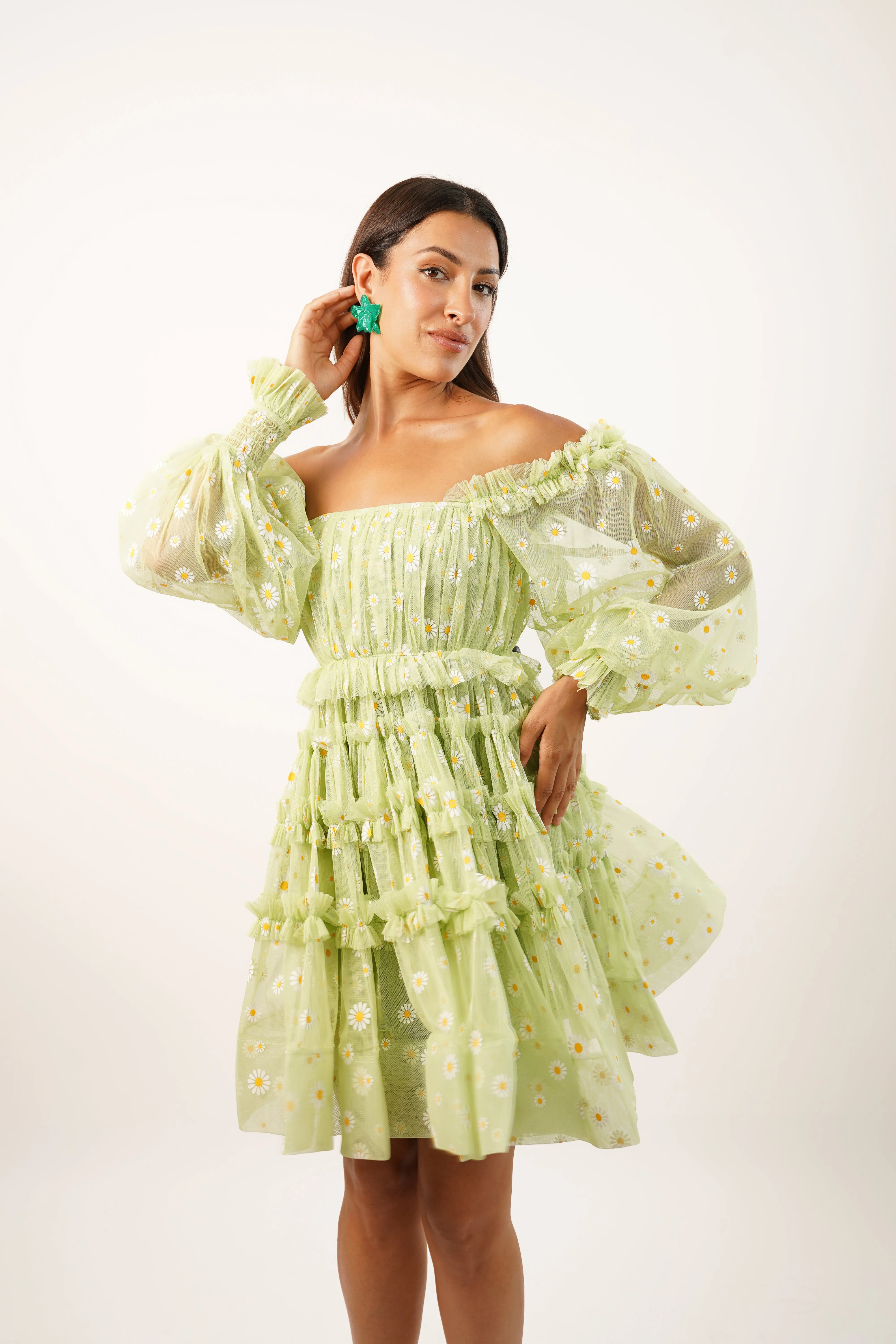 Jessica Tulle Daisy Printed Mini Dress in Green sold by Lace & Beads product image thumbnail 4