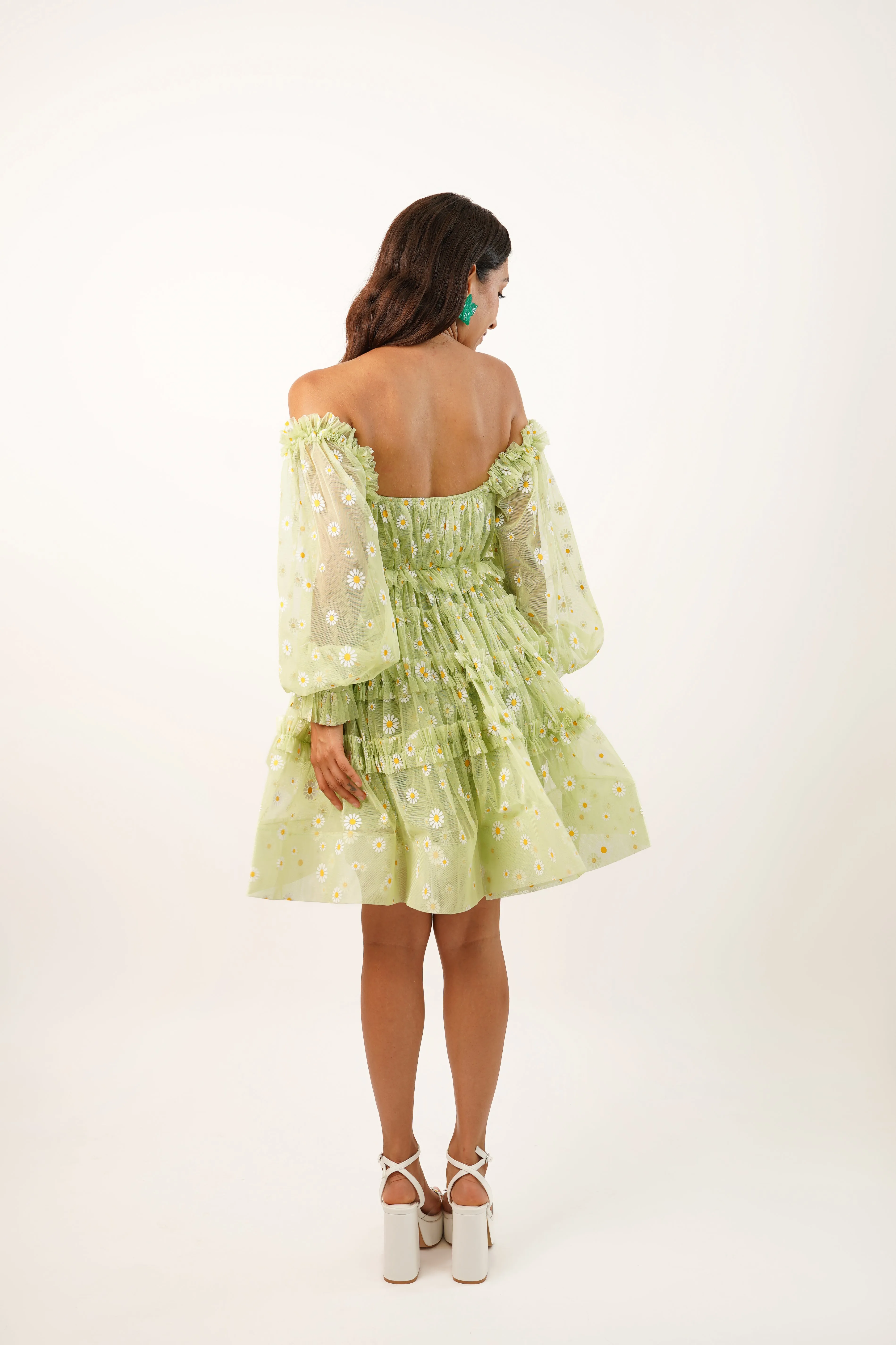 Jessica Tulle Daisy Printed Mini Dress in Green sold by Lace & Beads product image thumbnail 3