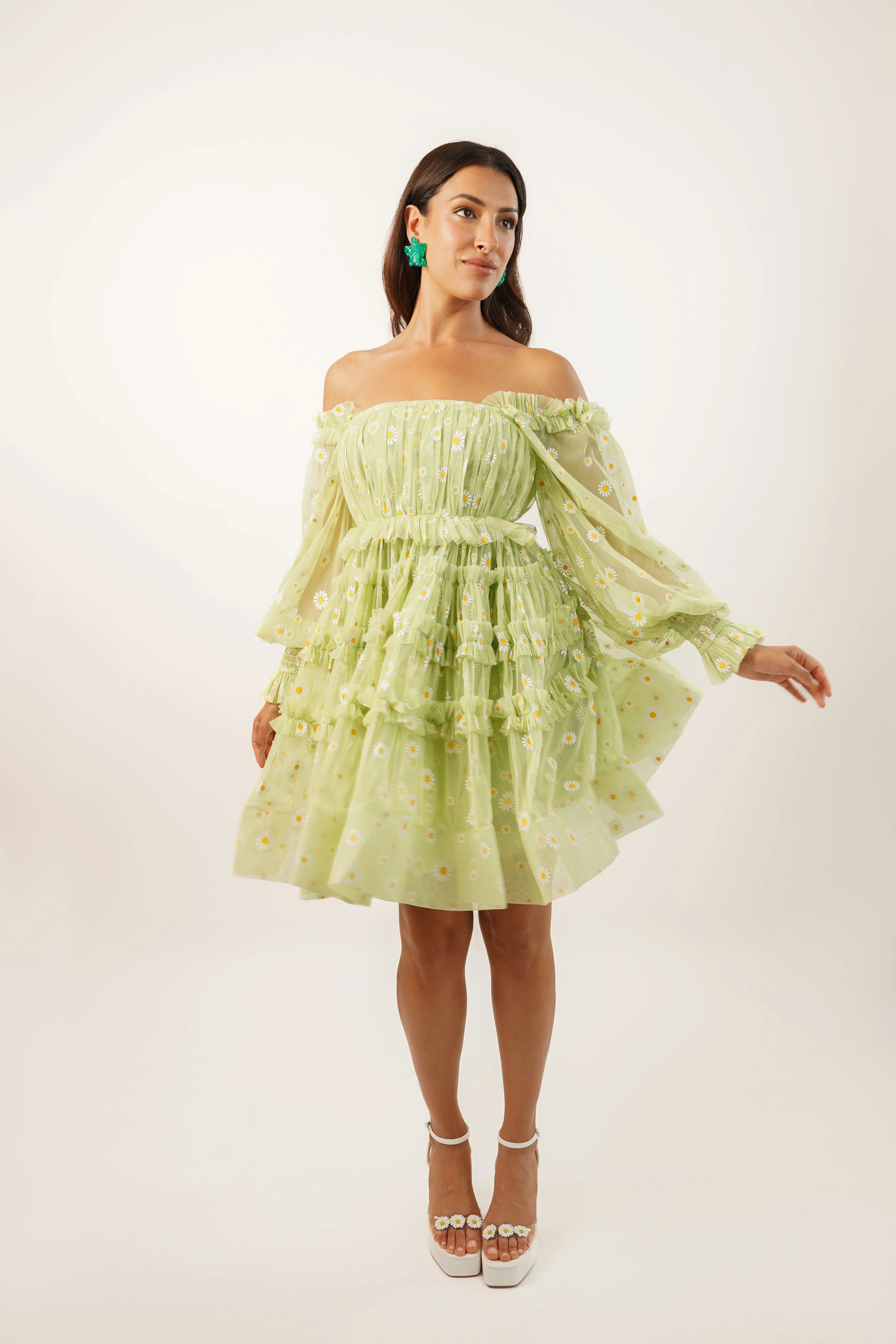 Jessica Tulle Daisy Printed Mini Dress in Green sold by Lace & Beads product image thumbnail 5