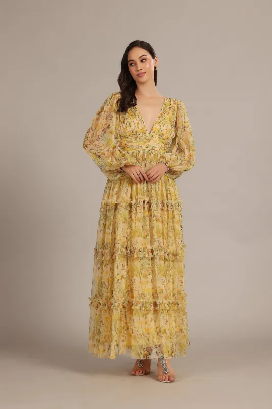 Lydia Maxi Dress in Yellow Floral sold by Lace & Beads