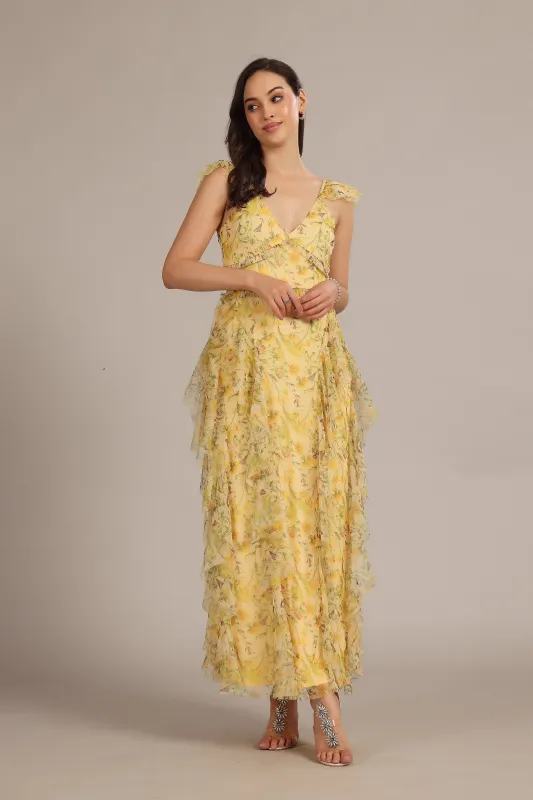 Malin Maxi Dress in Yellow Floral sold by Lace & Beads