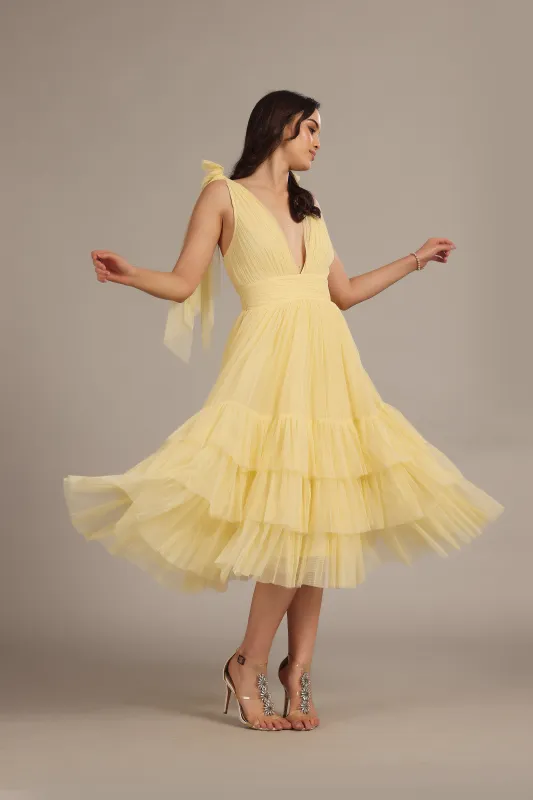 Bow Shoulder Madison Midi Dress in Buttercup sold by Lace & Beads