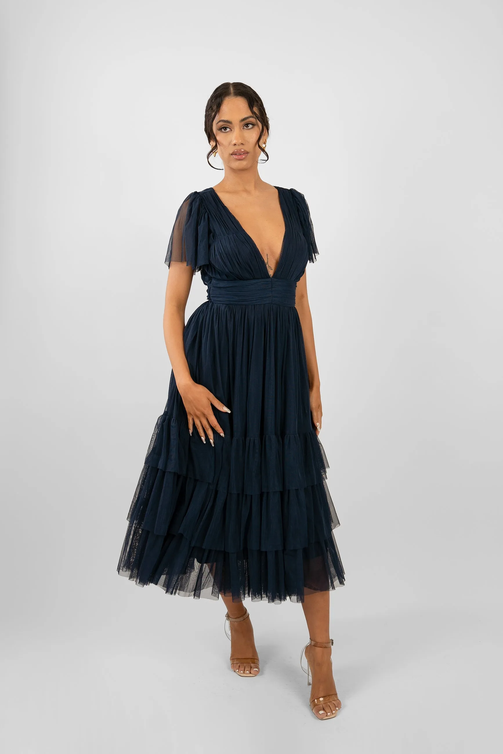 Madison Navy Blue Tulle Bridesmaid Midi Dress sold by Lace & Beads product image thumbnail 2