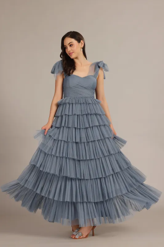 Ophelia Dusty Blue Maxi Dress with Tie Detail sold by Lace & Beads