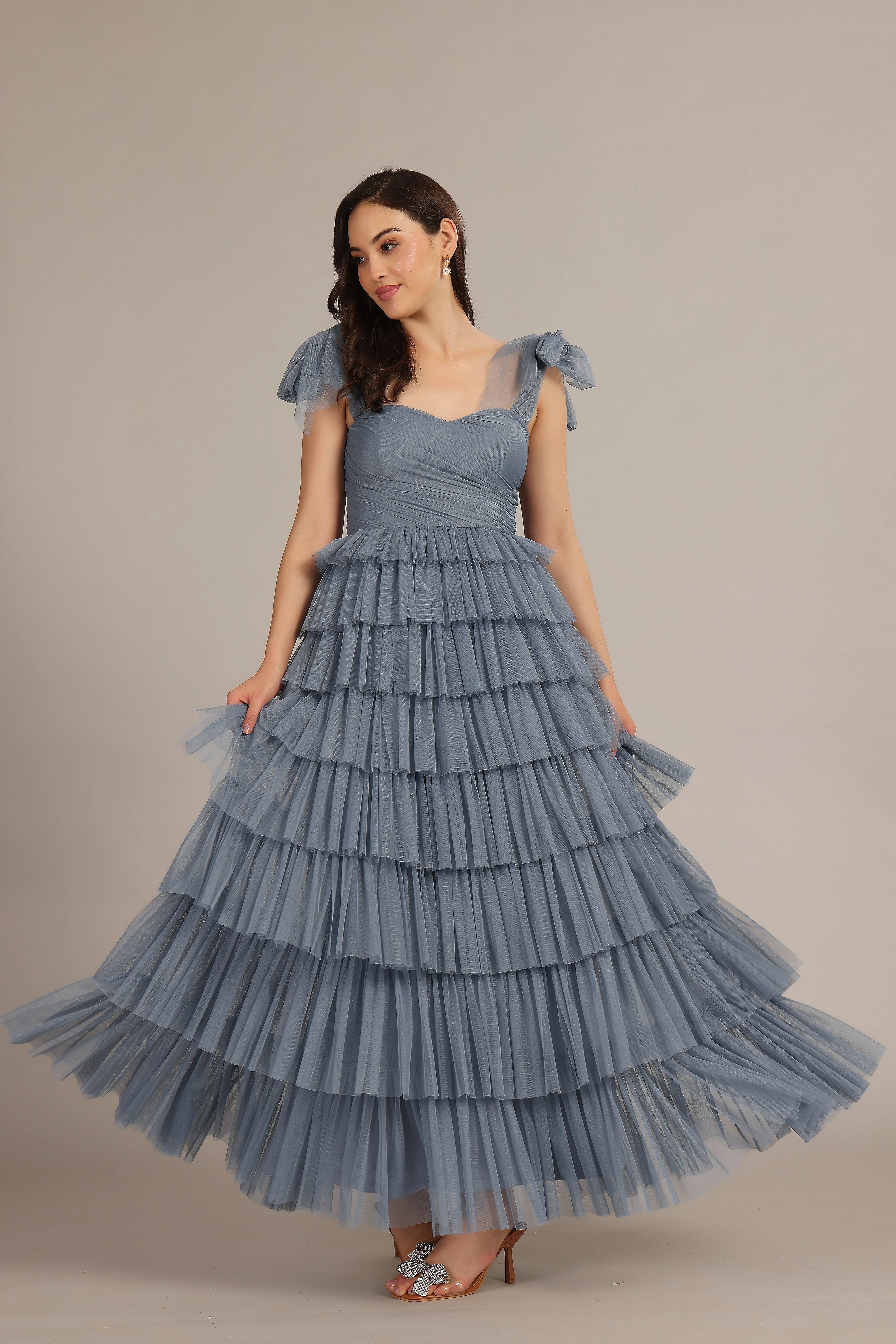 Ophelia Dusty Blue Maxi Dress with Tie Detail sold by Lace & Beads