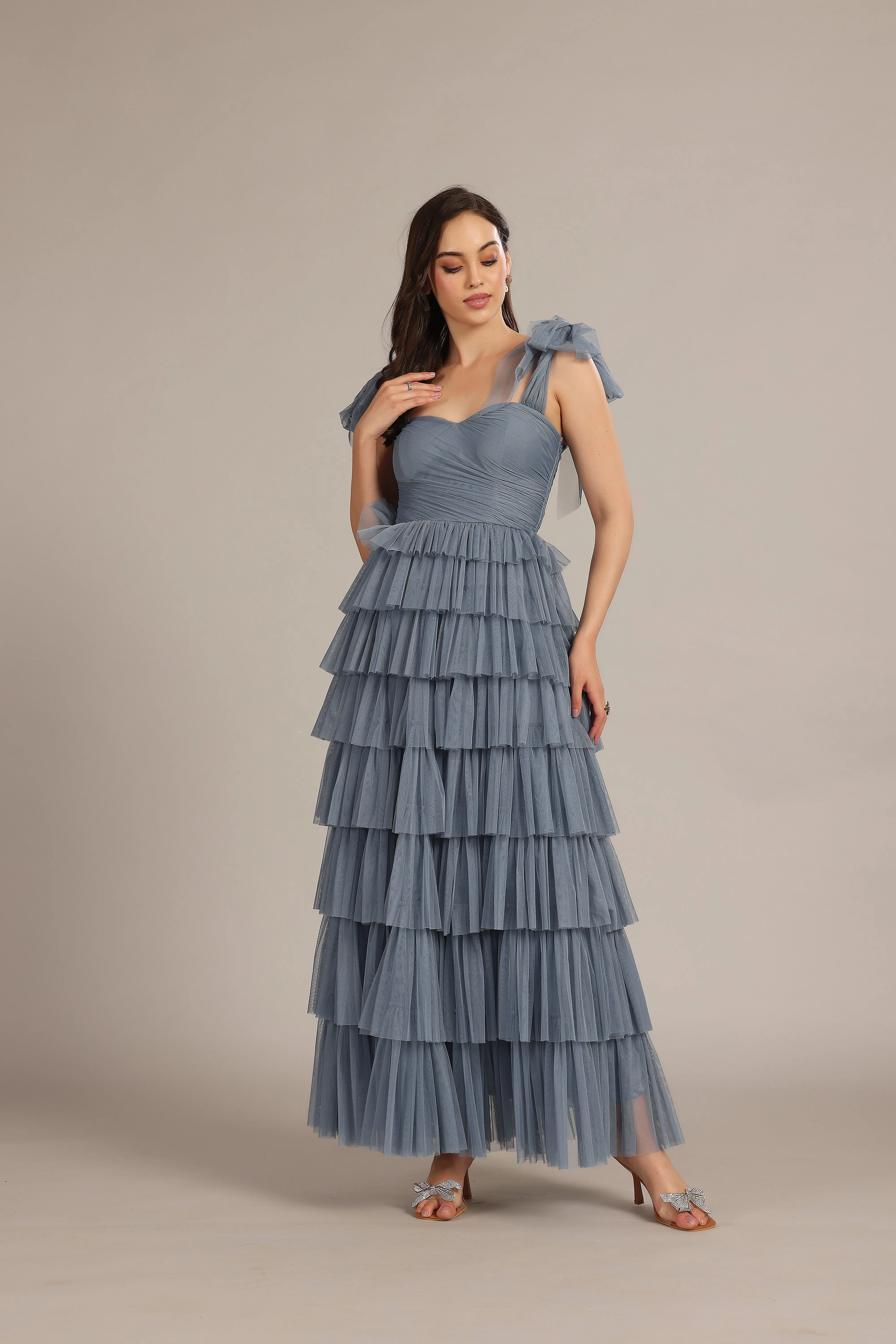 Ophelia Dusty Blue Maxi Dress with Tie Detail sold by Lace & Beads product image thumbnail 4