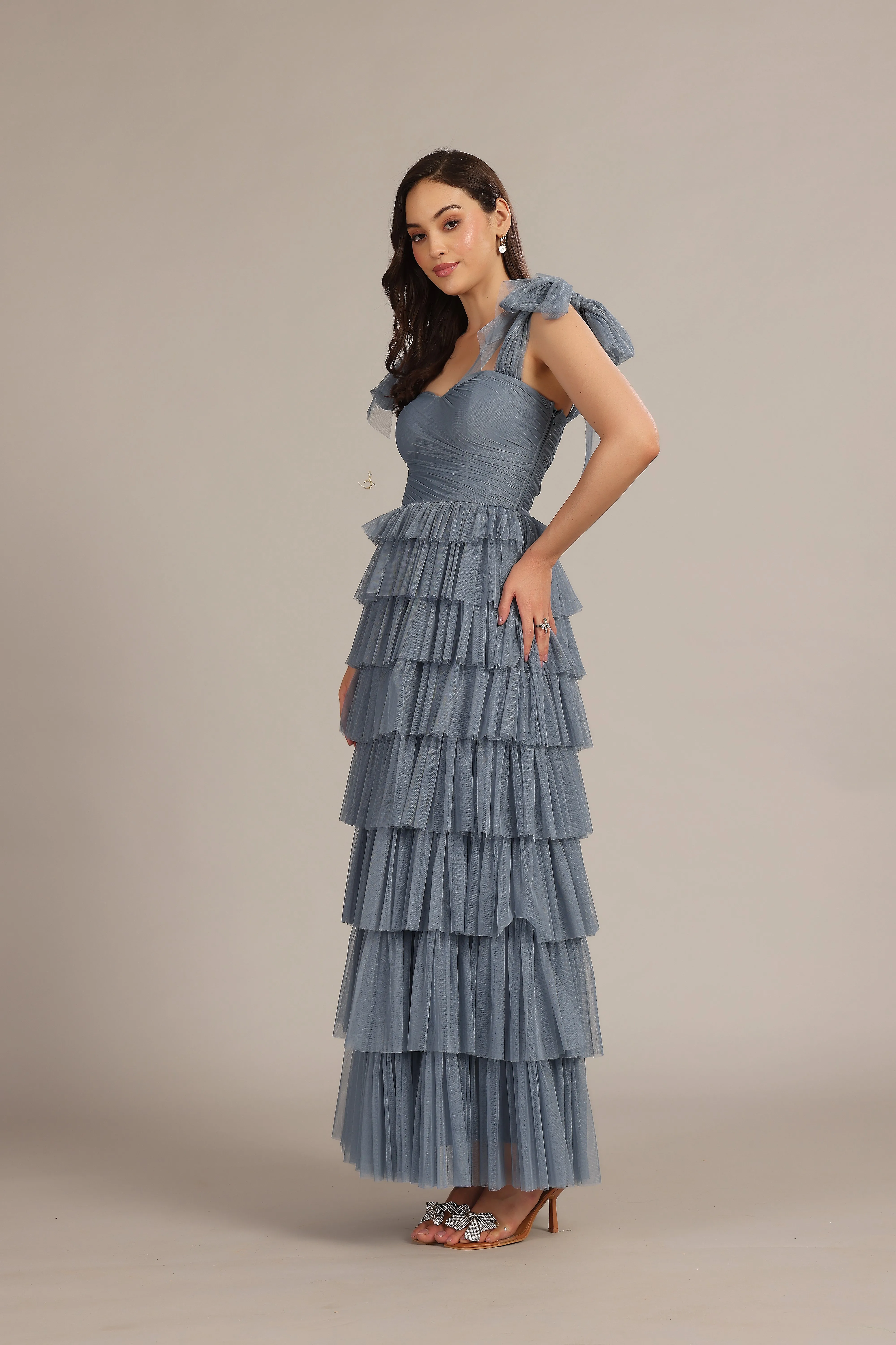 Ophelia Dusty Blue Maxi Dress with Tie Detail sold by Lace & Beads product image thumbnail 2