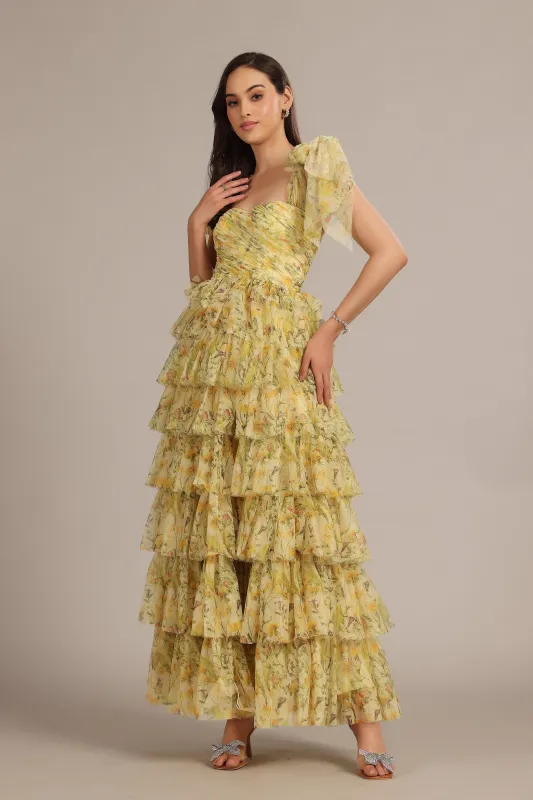 Ophelia Yellow Floral Maxi Dress with Tie Detail sold by Lace & Beads