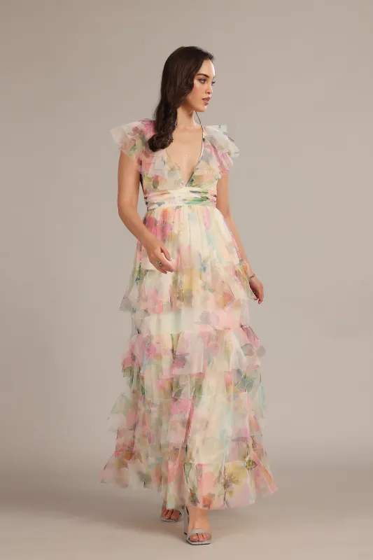 Olympia Maxi Dress in Cream Pink Floral sold by Lace & Beads