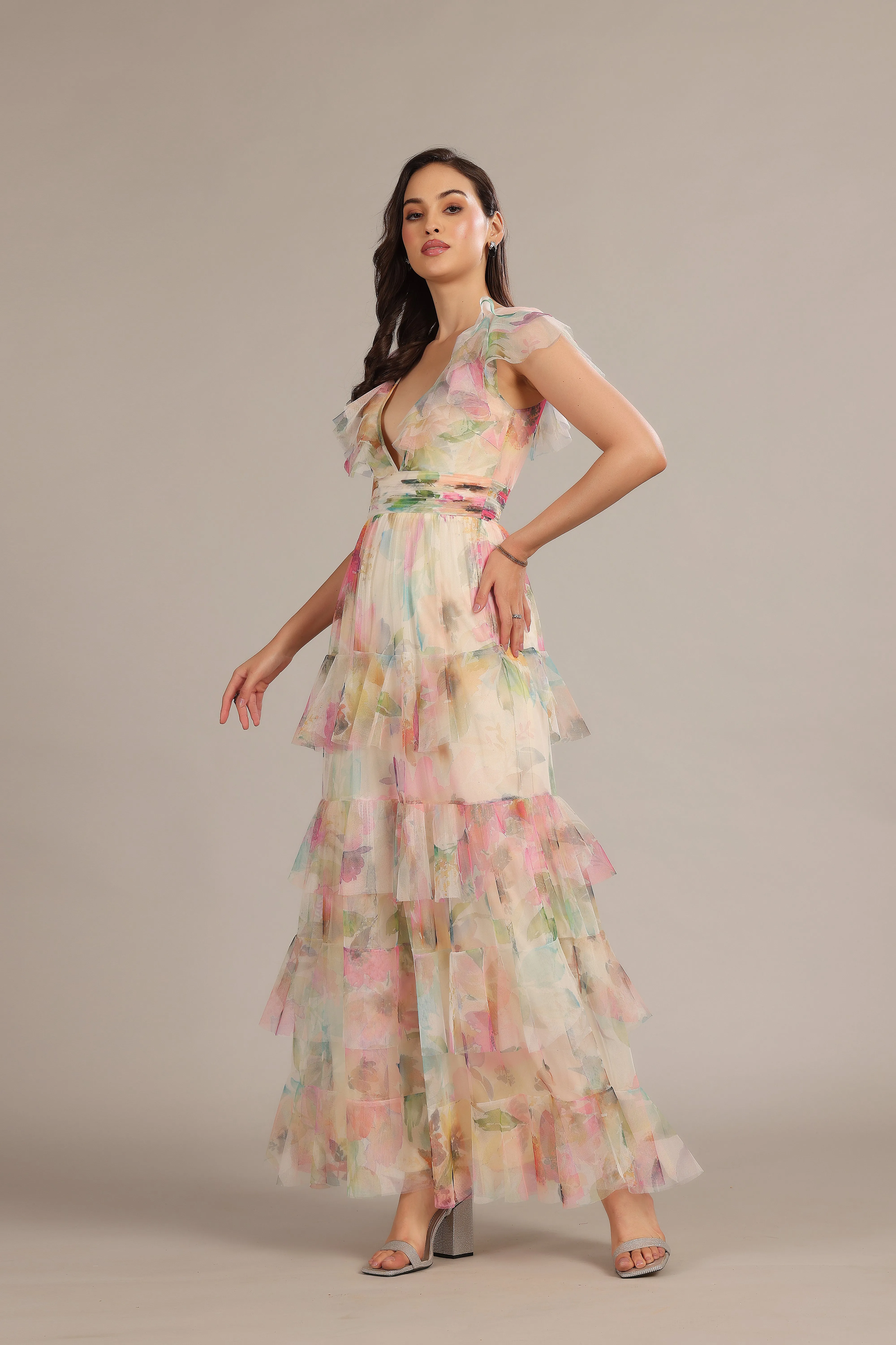 Olympia Maxi Dress in Cream Pink Floral sold by Lace & Beads product image thumbnail 5