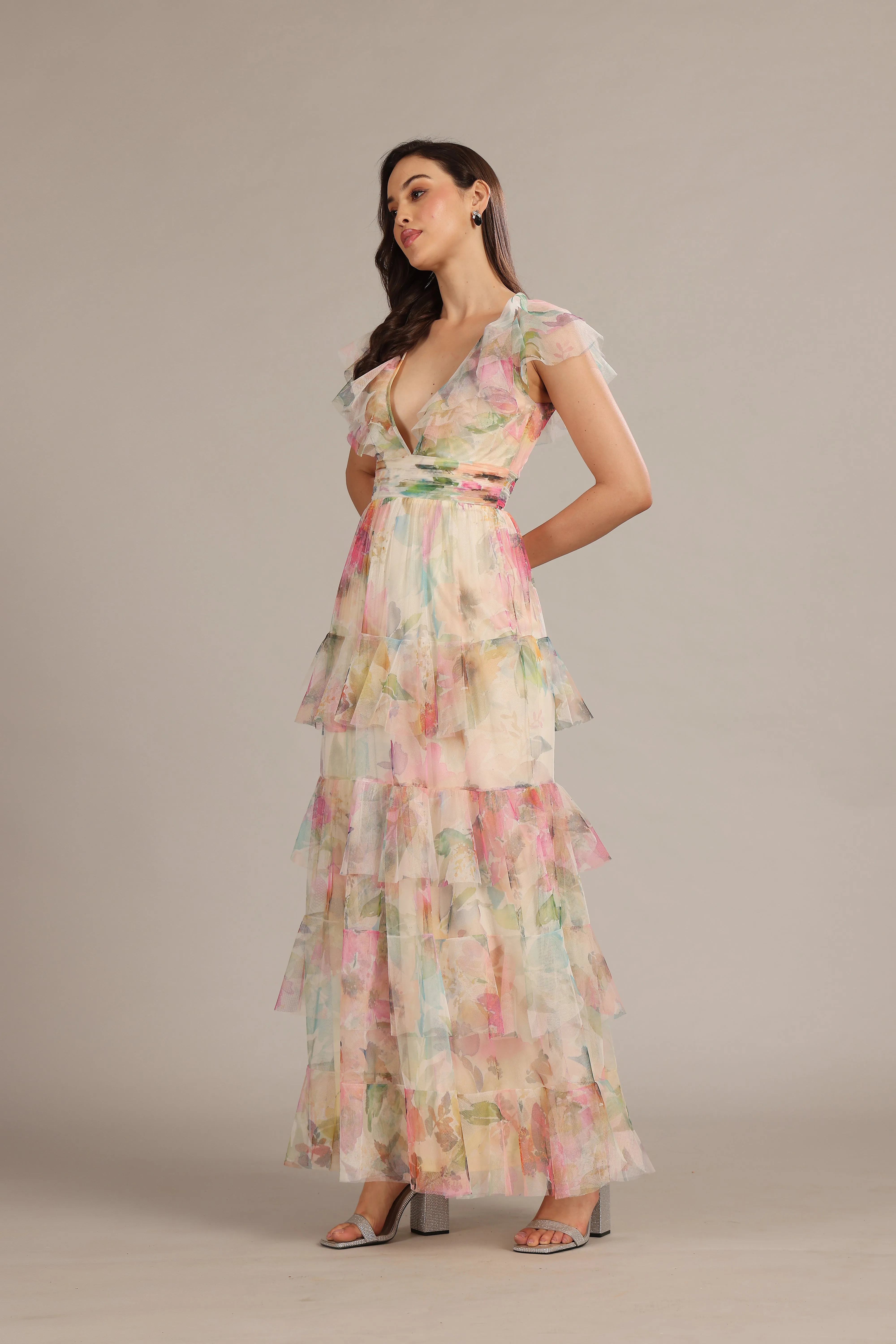 Olympia Maxi Dress in Cream Pink Floral sold by Lace & Beads product image thumbnail 4