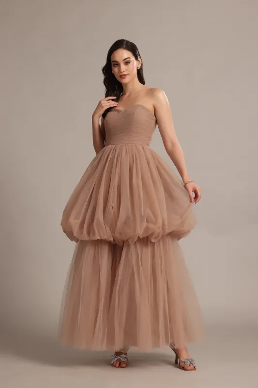 Nala Strapless Maxi Dress in Taupe sold by Lace & Beads