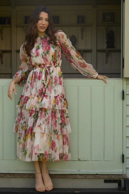 Rebecca Midi Dress in Cream Floral sold by Lace & Beads