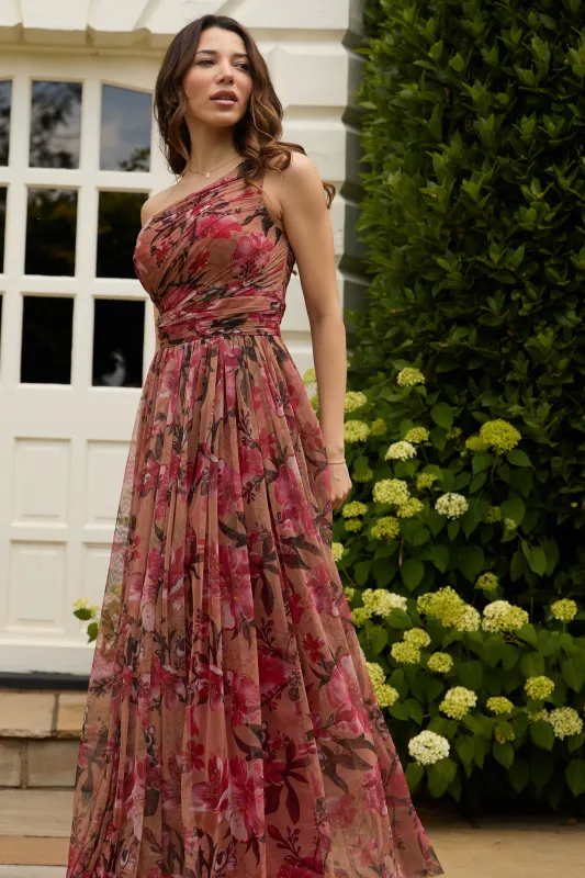 One Shoulder Tulle Maxi Dress in Red Rose Floral made by Lace & Beads