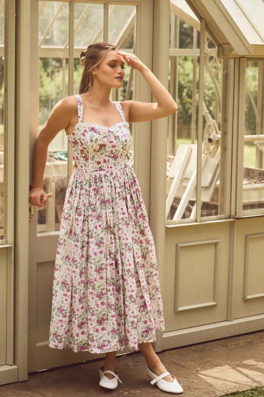 Dane Cotton Pink Purple Floral Corset Midi Dress sold by Lace & Beads
