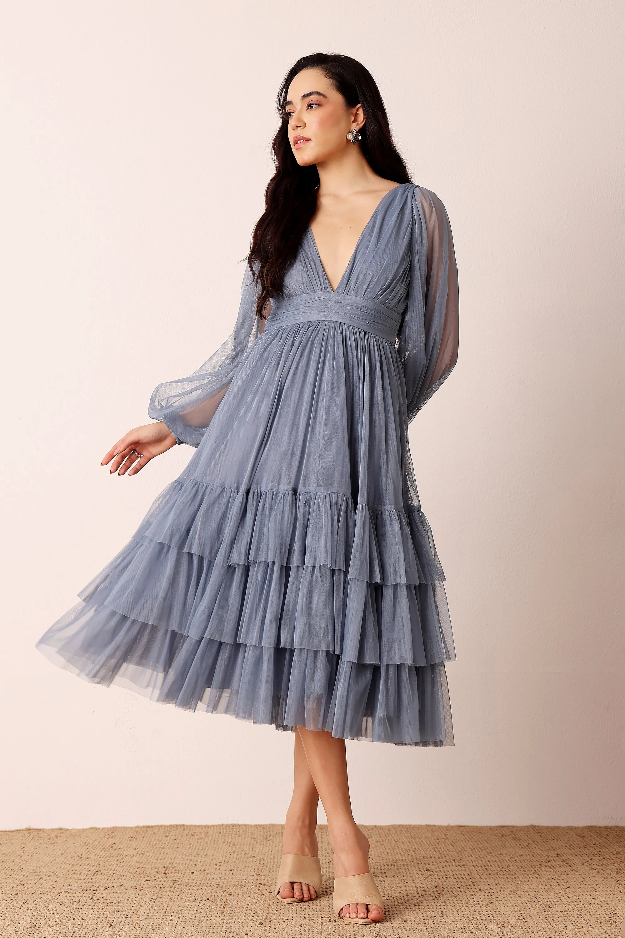 Madison Long Sleeve Midi Dress in Dusty Blue sold by Lace & Beads product image thumbnail 2