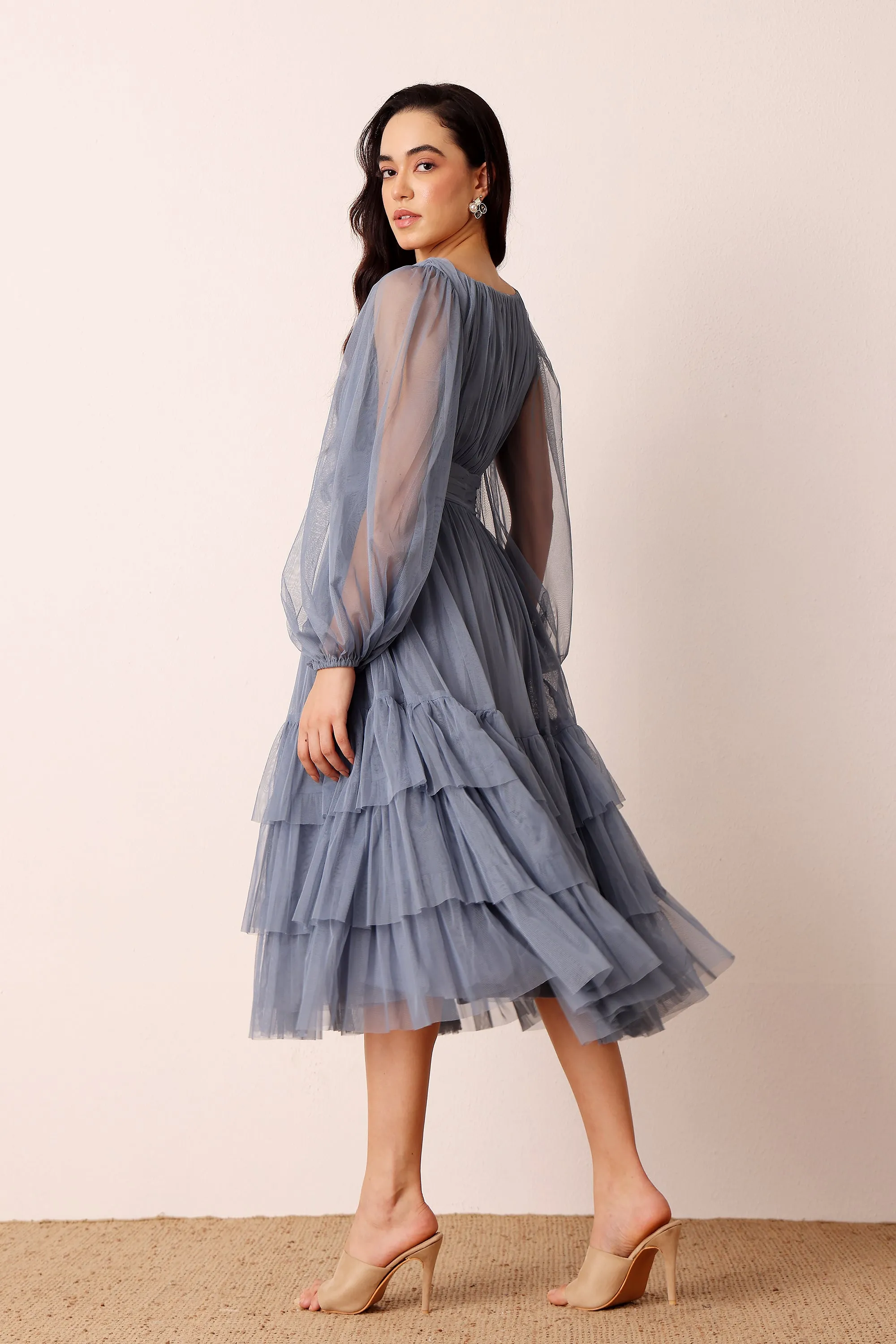 Madison Long Sleeve Midi Dress in Dusty Blue sold by Lace & Beads product image thumbnail 3
