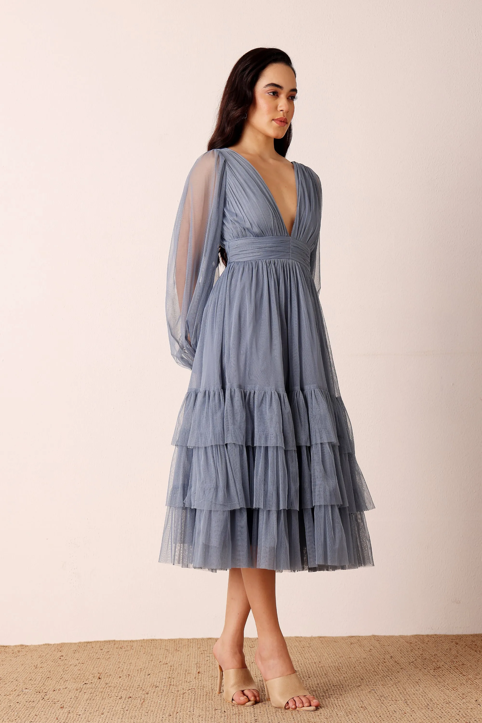 Madison Long Sleeve Midi Dress in Dusty Blue sold by Lace & Beads