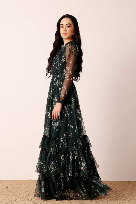 Rebecca Maxi Dress in Emerald Floral sold by Lace & Beads