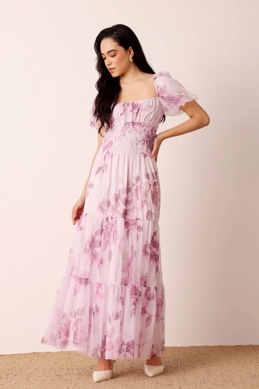 Noore Maxi Dress in Purple Floral sold by Lace & Beads