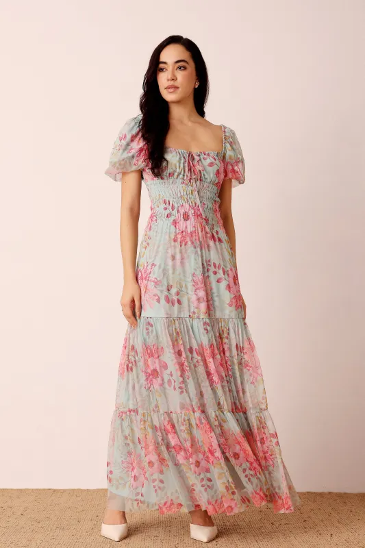 Noore Maxi Dress in Mint Floral sold by Lace & Beads