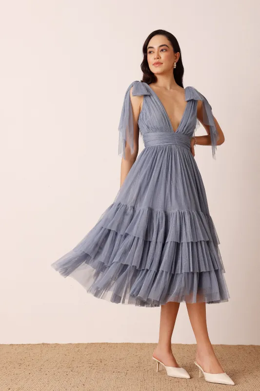 Bow Shoulder Madison Midi Dress in Dusty Blue sold by Lace & Beads