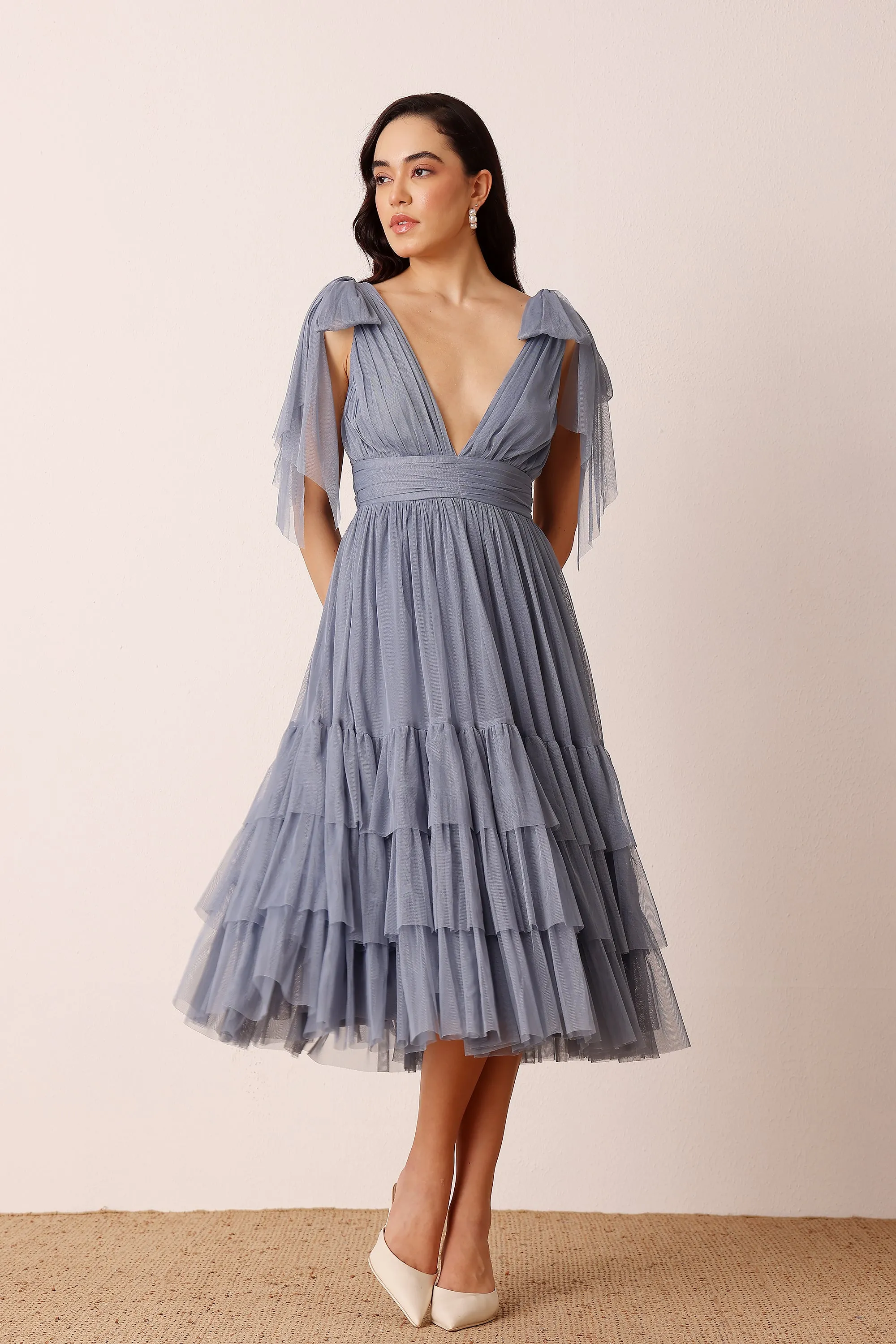 Bow Shoulder Madison Midi Dress in Dusty Blue sold by Lace & Beads product image thumbnail 4