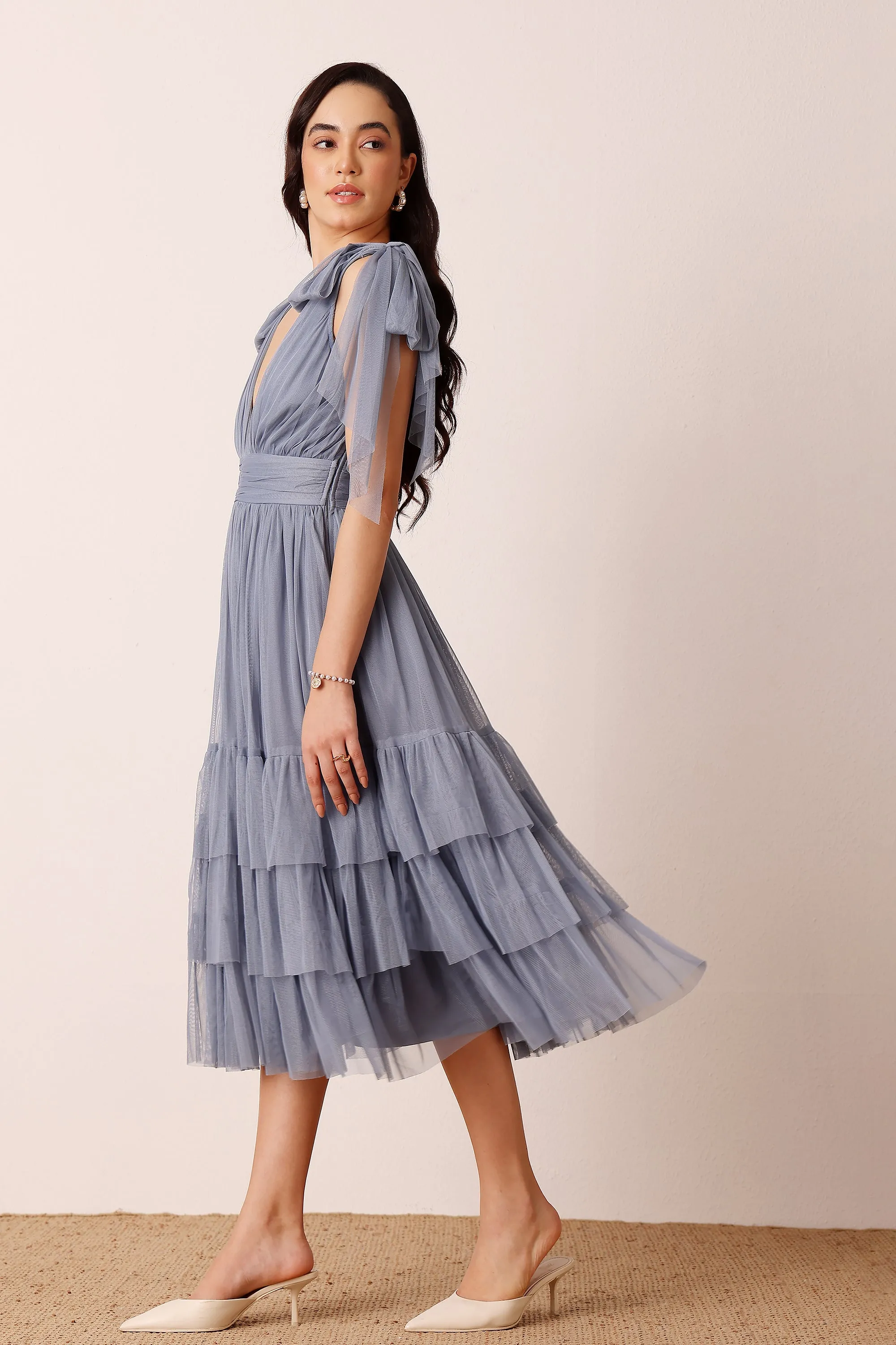Bow Shoulder Madison Midi Dress in Dusty Blue sold by Lace & Beads product image thumbnail 3