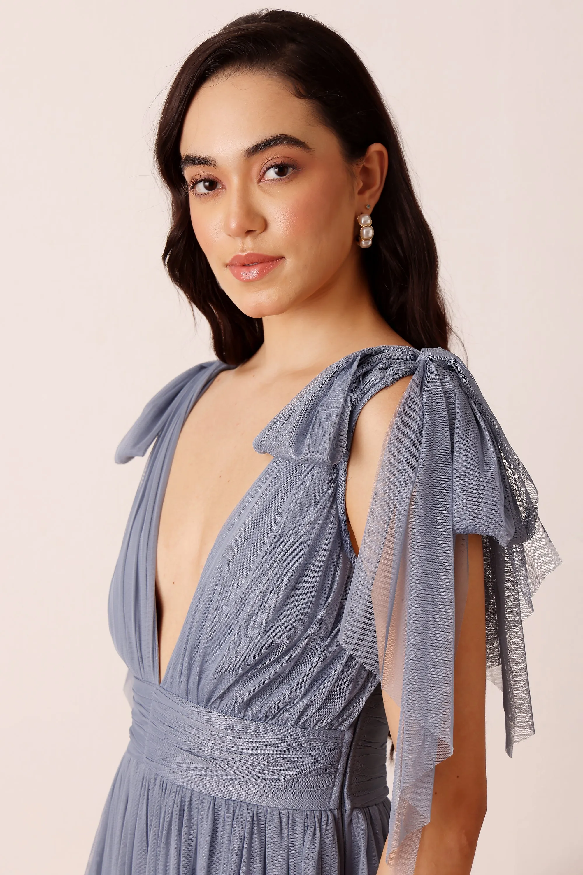 Bow Shoulder Madison Midi Dress in Dusty Blue sold by Lace & Beads product image thumbnail 5