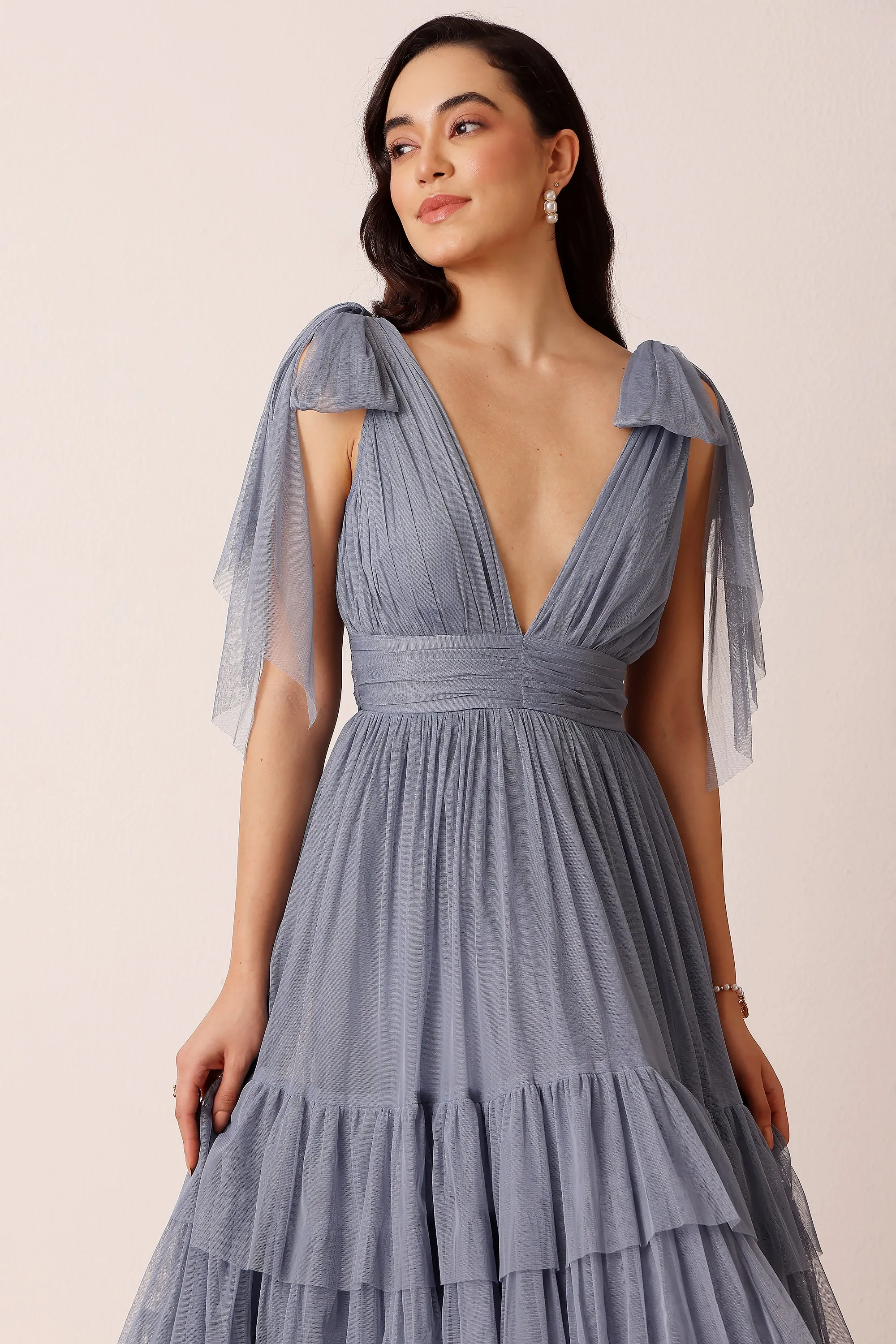 Bow Shoulder Madison Midi Dress in Dusty Blue sold by Lace & Beads product image thumbnail 2