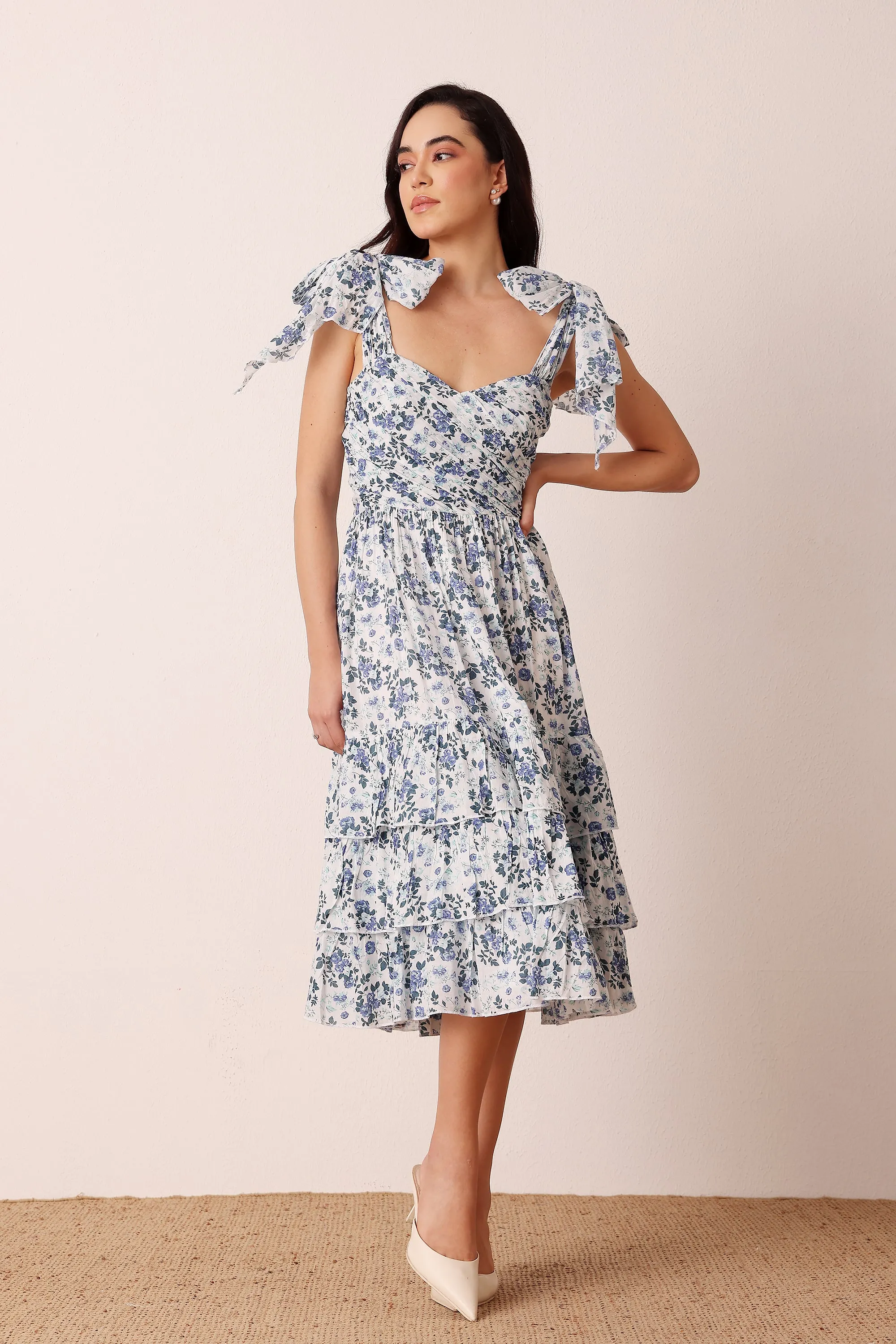 Ollie Cotton Midi Dress in Blue White Floral sold by Lace & Beads product image thumbnail 3