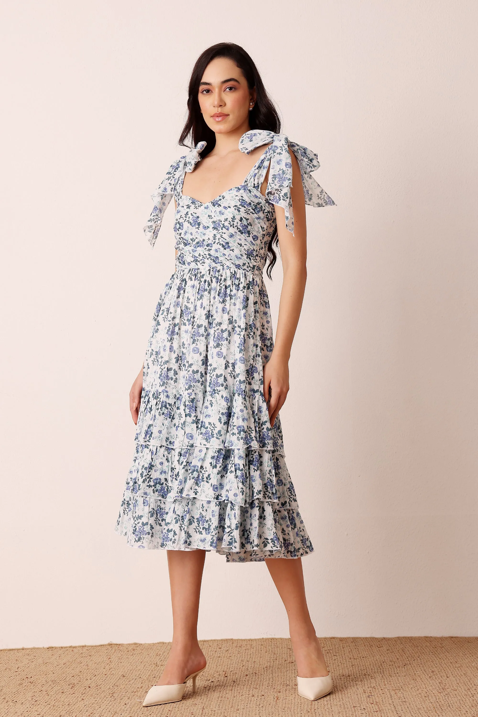 Ollie Cotton Midi Dress in Blue White Floral sold by Lace & Beads