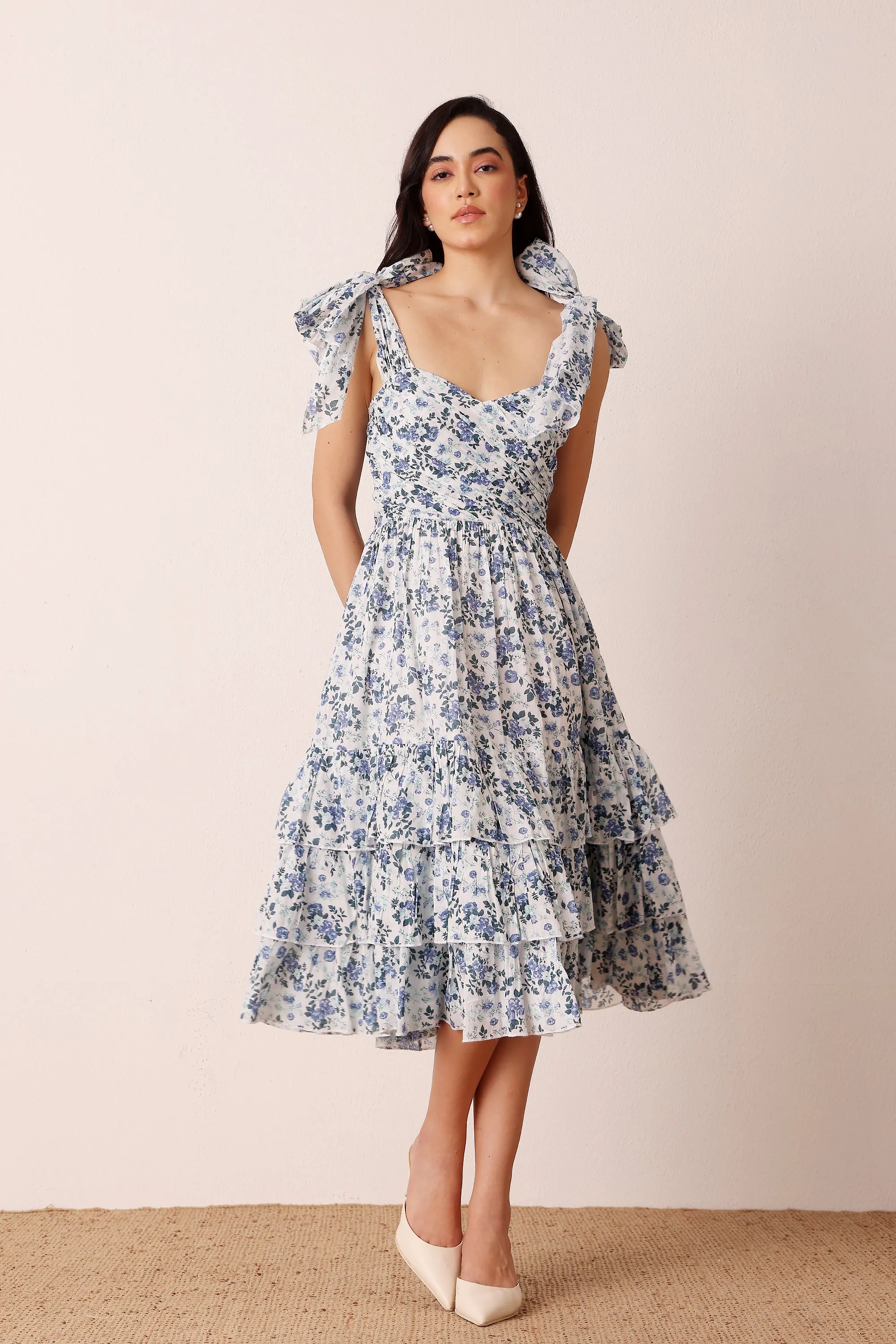 Ollie Cotton Midi Dress in Blue White Floral sold by Lace & Beads product image thumbnail 5