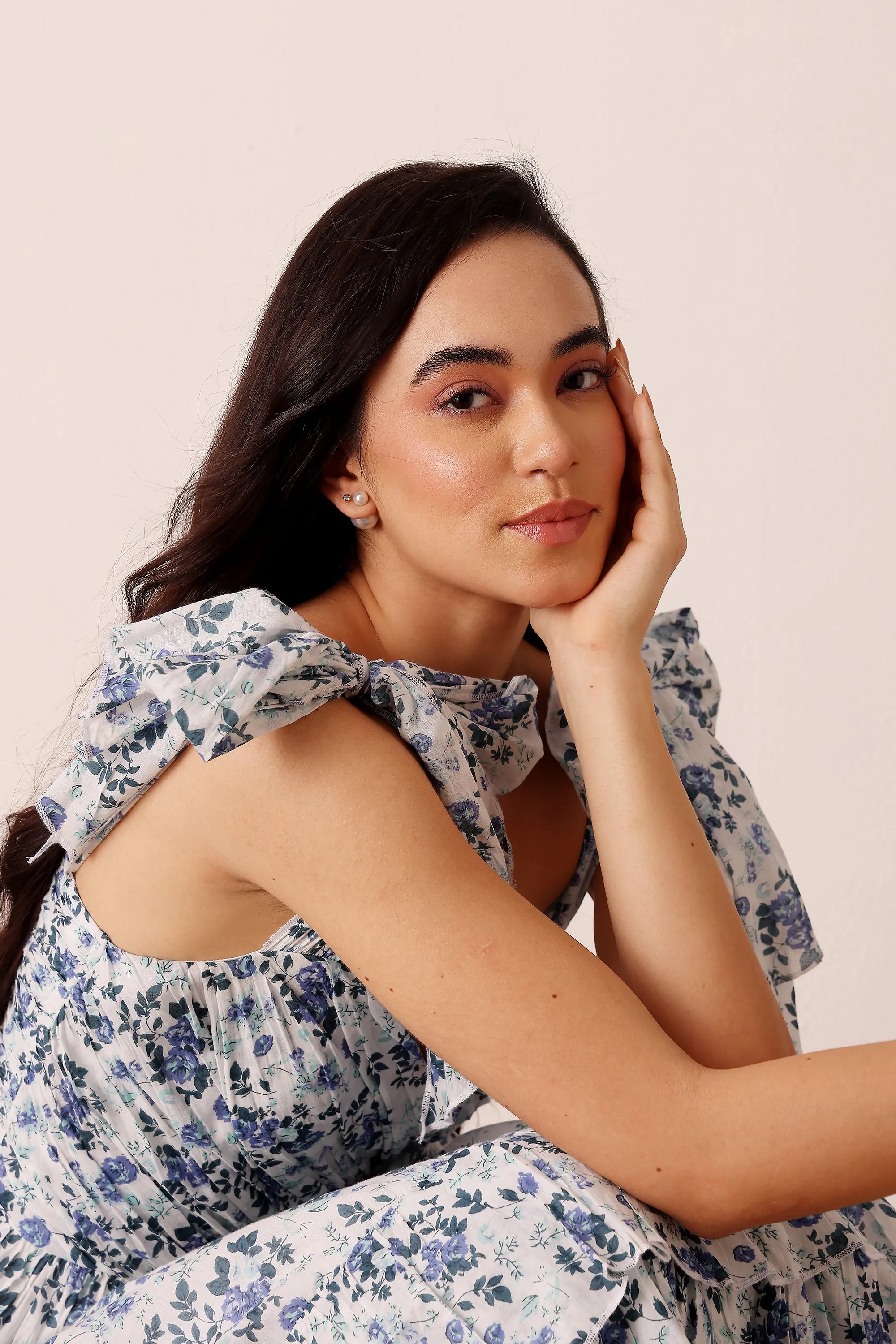 Ollie Cotton Midi Dress in Blue White Floral sold by Lace & Beads product image thumbnail 2