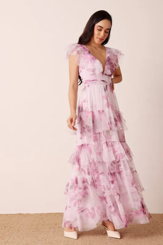 Olympia Maxi Dress in Purple Floral sold by Lace & Beads