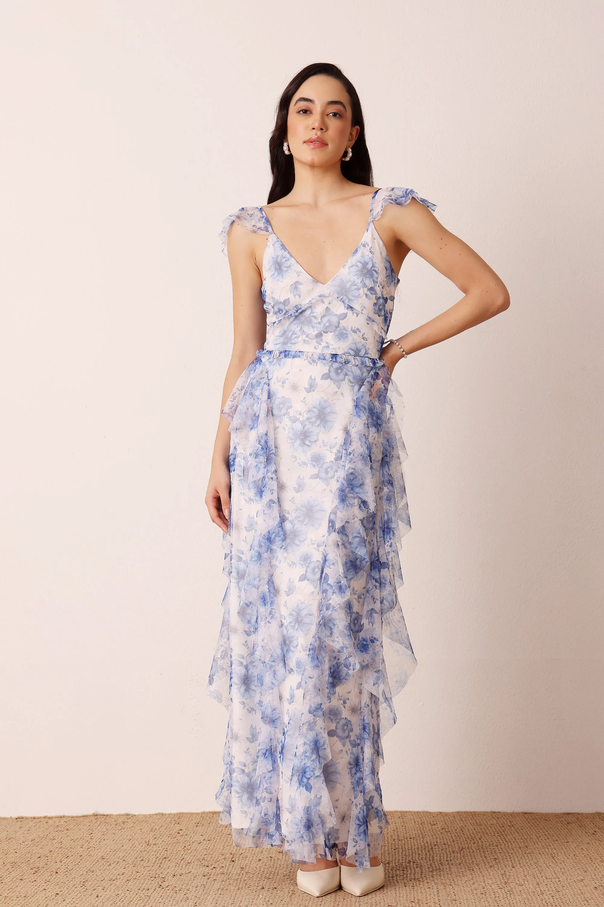 Malin Maxi Dress in Blue Print sold by Lace & Beads