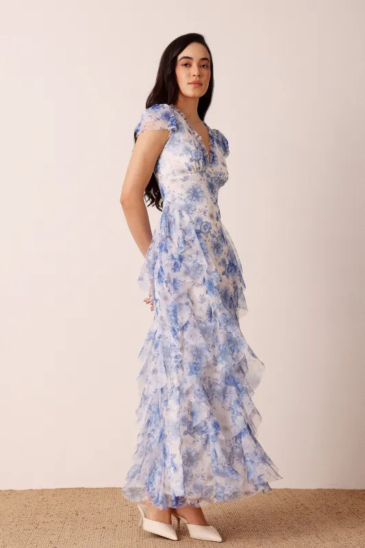 Melody Maxi Dress in Blue Floral sold by Lace & Beads