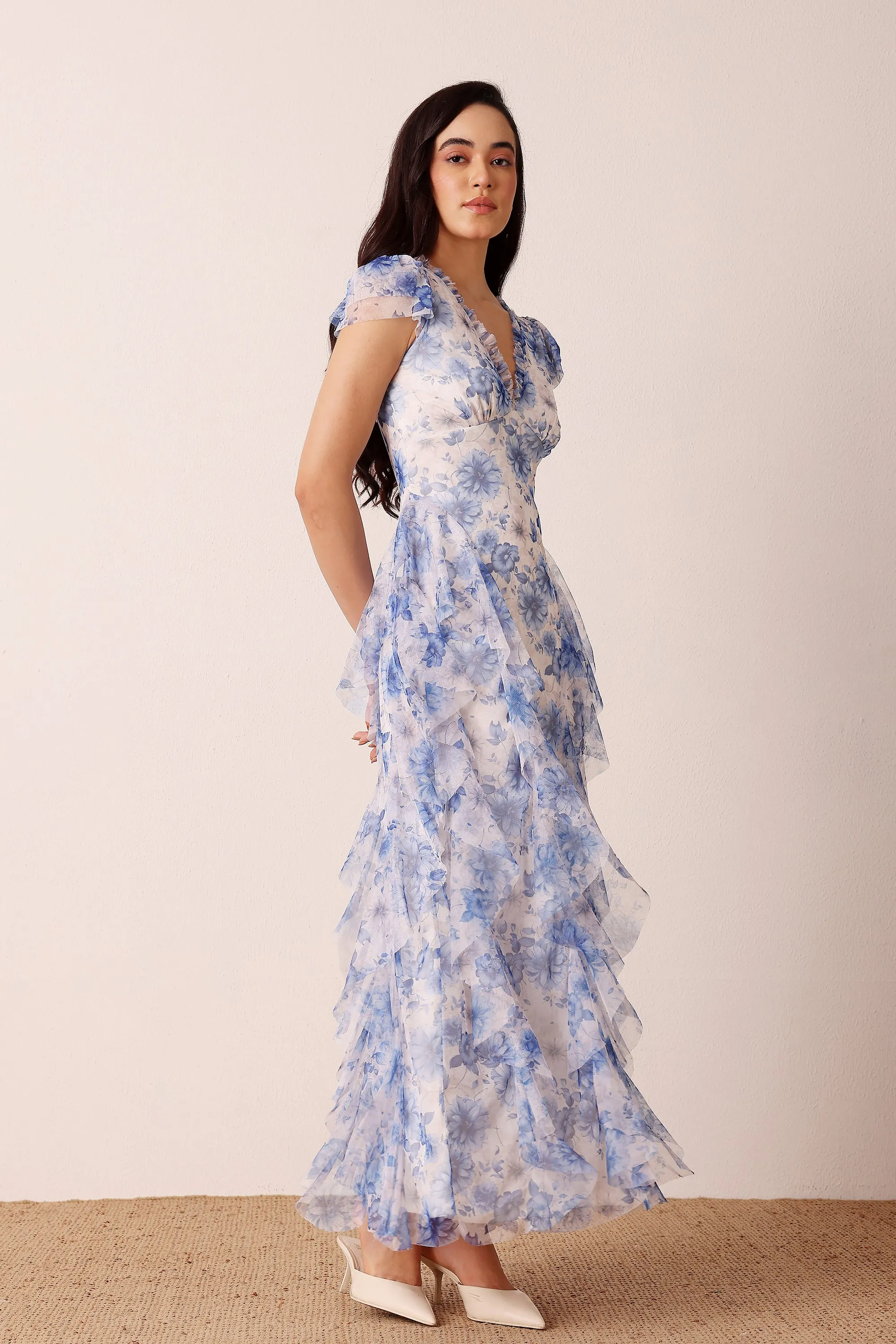 Melody Maxi Dress in Blue Floral sold by Lace & Beads
