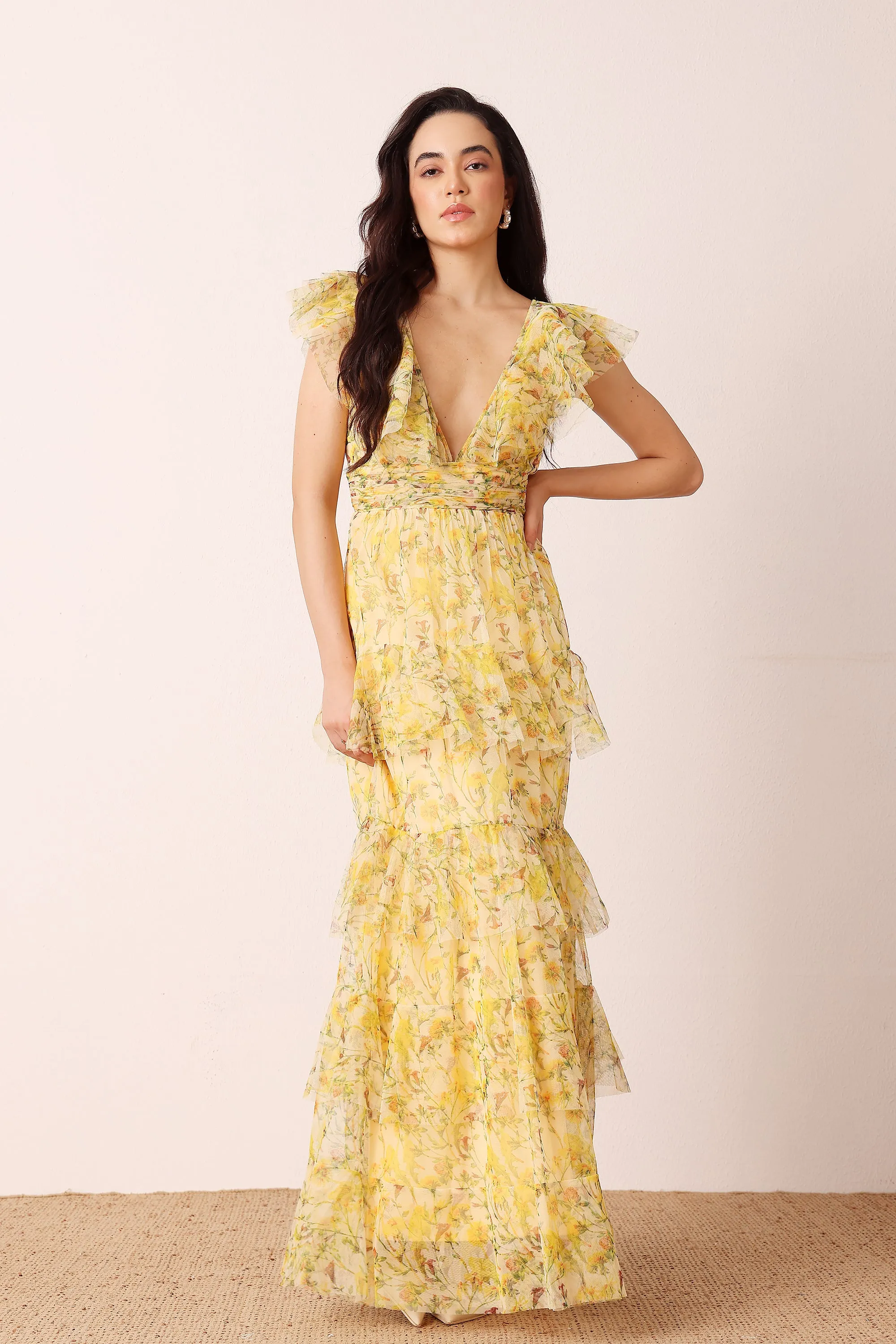 Olympia Maxi Dress in Yellow Floral sold by Lace & Beads