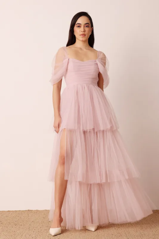 Sydney Off Shoulder Tulle Maxi Dress in Dusty Pink sold by Lace & Beads