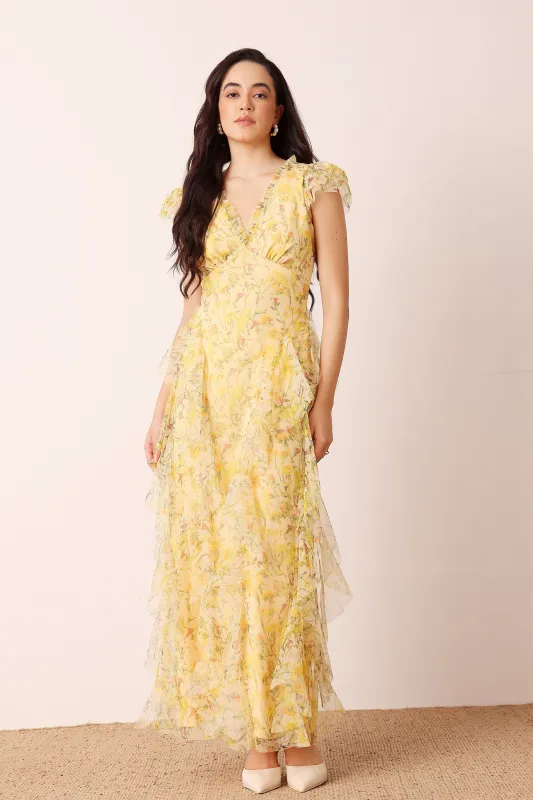 Melody Maxi Dress in Yellow Floral sold by Lace & Beads