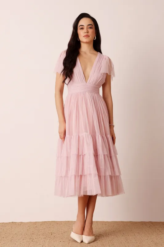Madison Powder Pink Tulle Midi Bridesmaid Dress sold by Lace & Beads