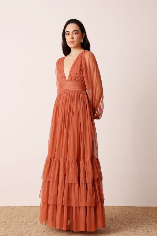 Madison Long Sleeve Maxi Dress in Terracotta Rose sold by Lace & Beads