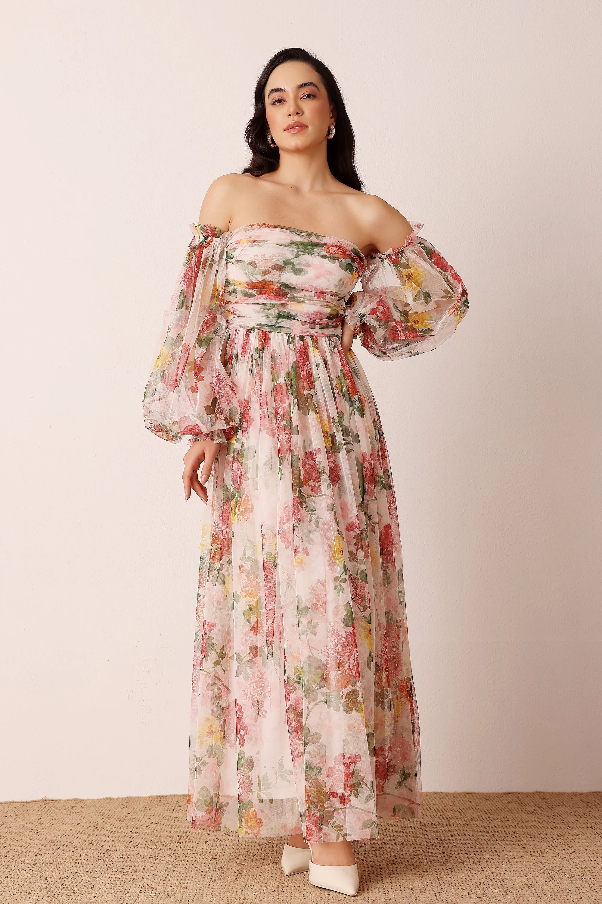 Lana Maxi Dress in Cream Floral sold by Lace & Beads