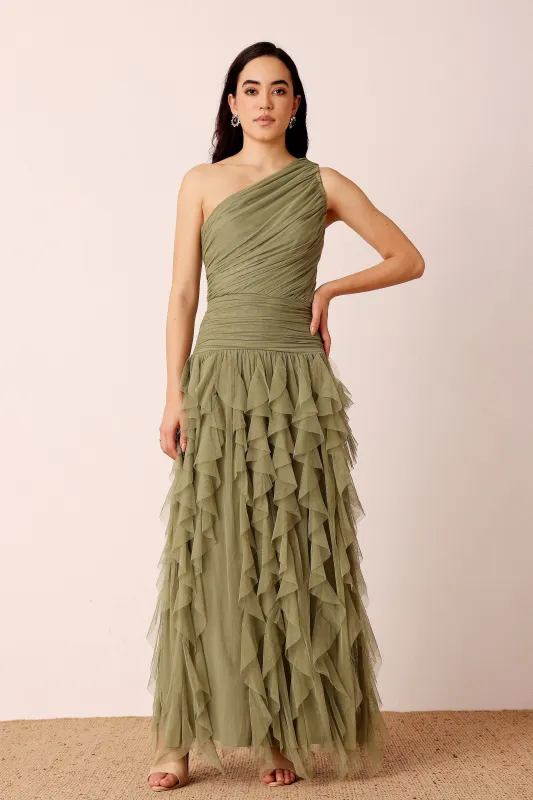 One Shoulder Tulle Ruffle Maxi Dress in Soft Olive sold by Lace & Beads