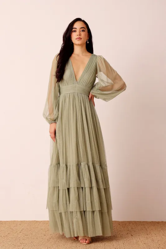 Madison Long Sleeve Wrap Maxi Dress in Dusty Sage sold by Lace & Beads